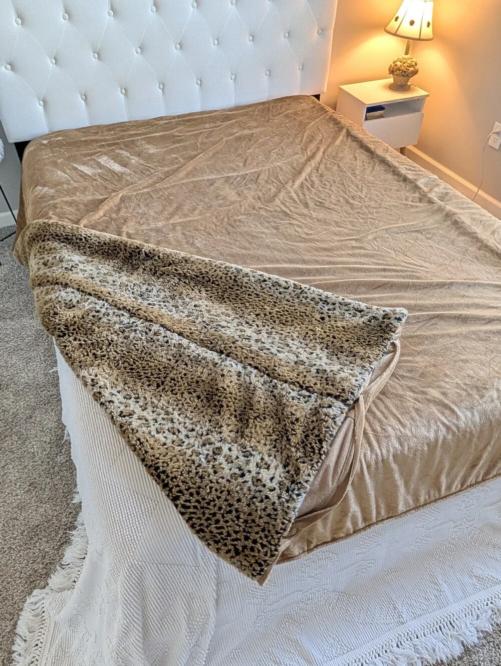 Faux Fur Animal Print Duvet Cover Brown Tan Plush Leopard Style Button Closure